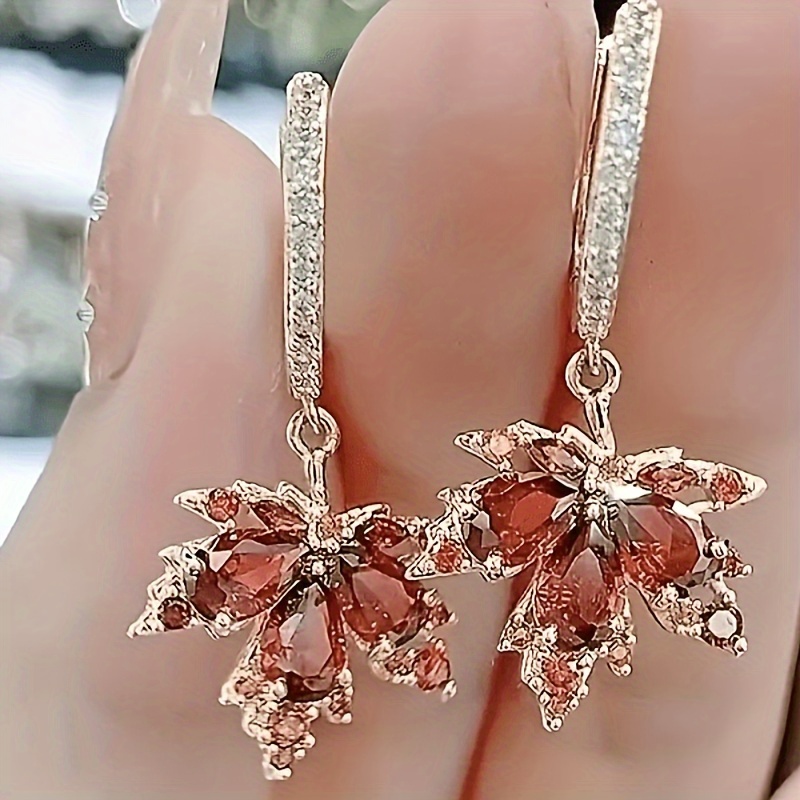 

Elegant Alloy Maple Leaf Drop Earrings With Zirconia Inlay, No Plating - Chic Dangle Jewelry For Daily Wear And Valentine's Day