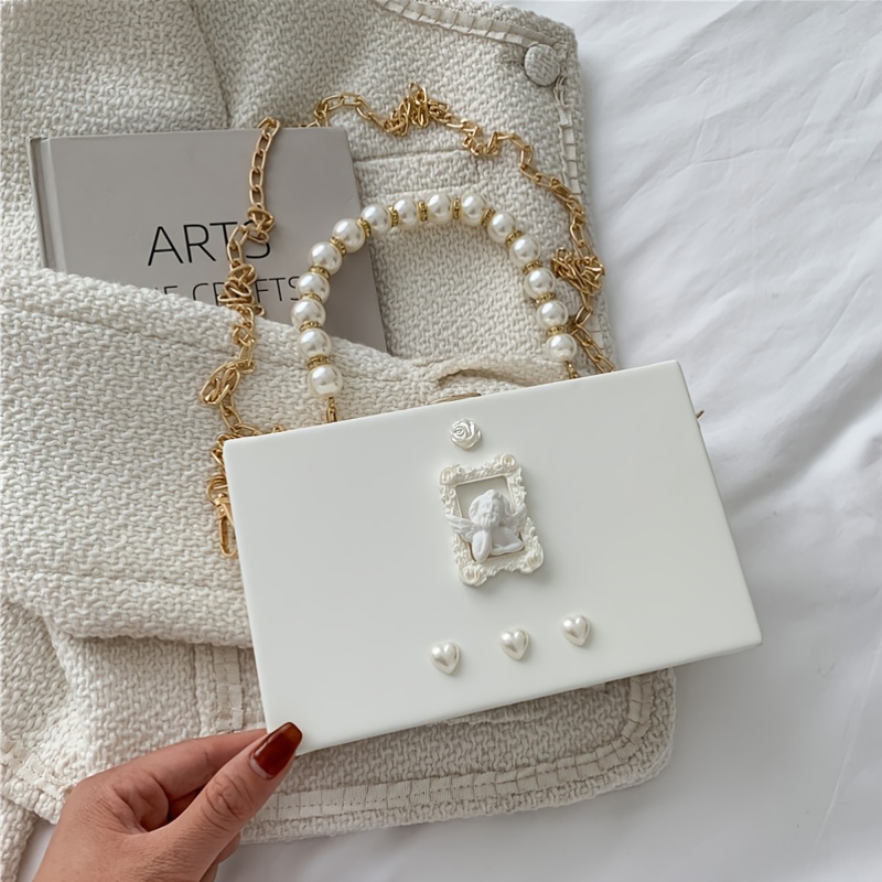 FAUX PEARL BOX BAG - white