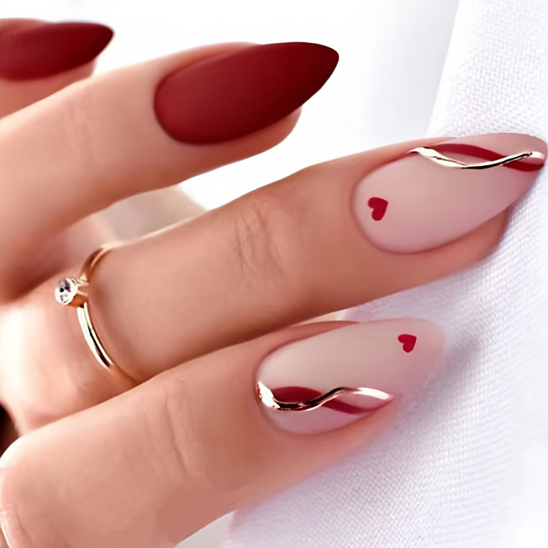 

Valentine's Day Classic Red Heart Fake Nails, 24pcs Medium Almond Shape Press On Nails For Women