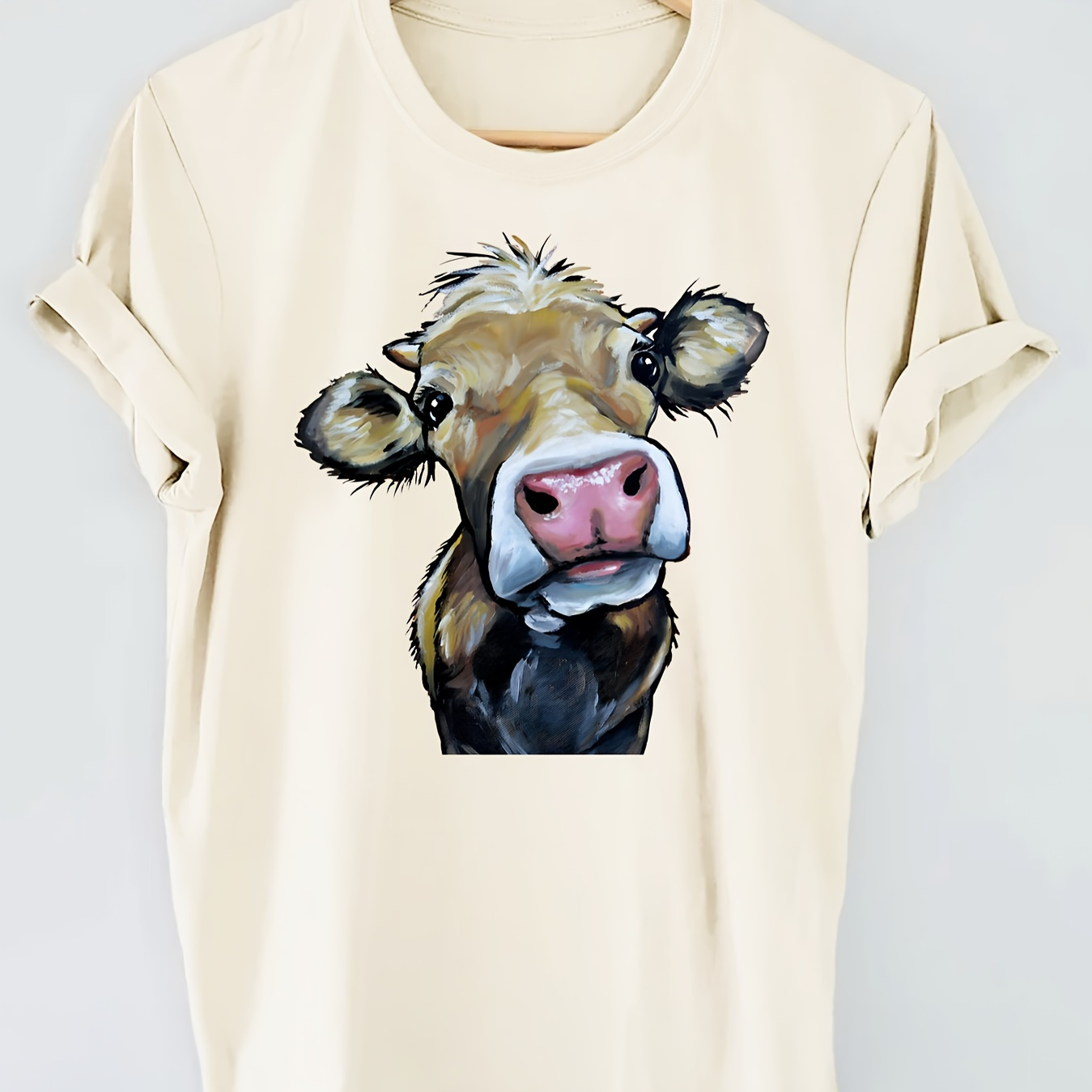 

Cow Graphic Print T-shirt, Short Sleeve Crew Neck Casual Top For Summer & Spring, Women's Clothing