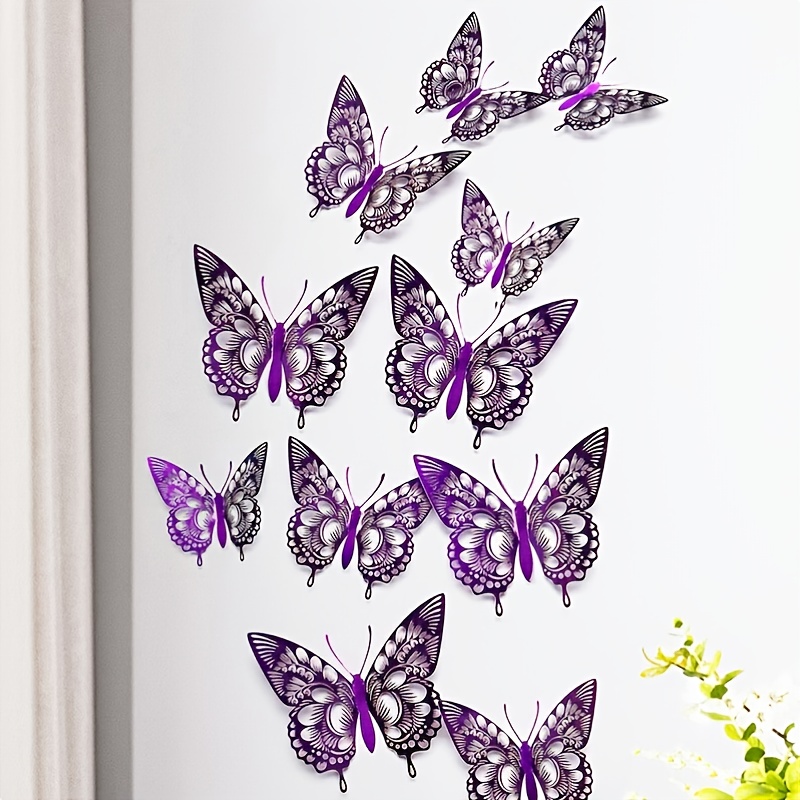 12pcs 3D Butterfly Wall Sticker, Purple Hollow PVC Butterfly Sticker For  Home Decor