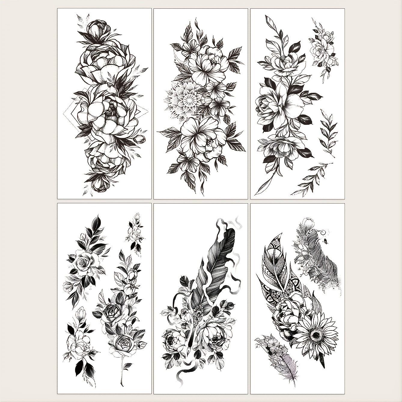 6 Pcs Tattoo Decals Grass Print Pattern Big Flower Arm Can Last 25