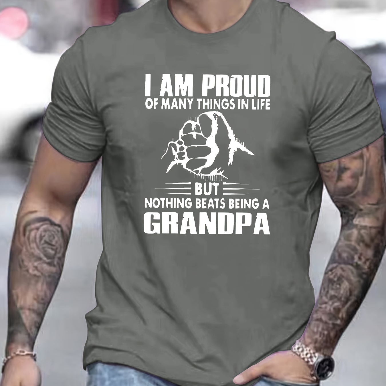 

Men's Grandpa Letter Print Short Sleeve T-shirts, Comfy Casual Elastic Crew Neck Tops For Men's Outdoor Activities