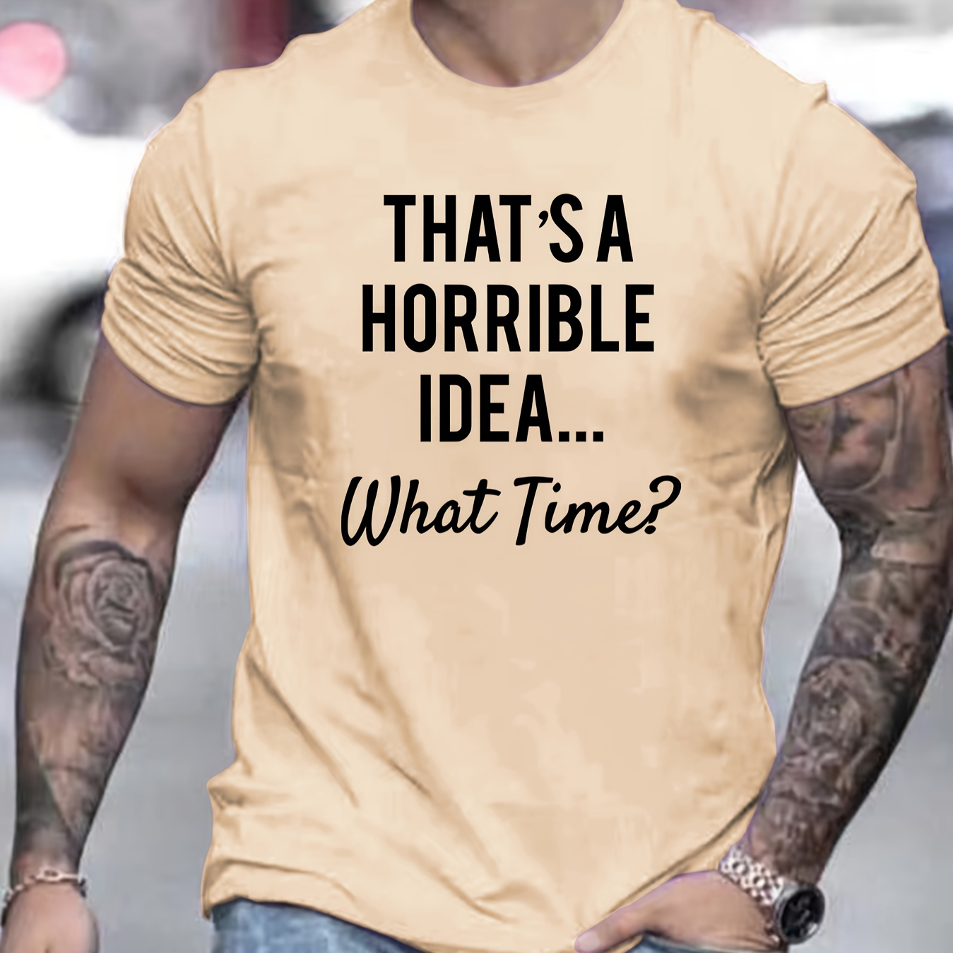 

Men's Horrible Idea What Time Letter Print Short Sleeve T-shirts, Comfy Casual Elastic Crew Neck Tops For Men's Outdoor Activities