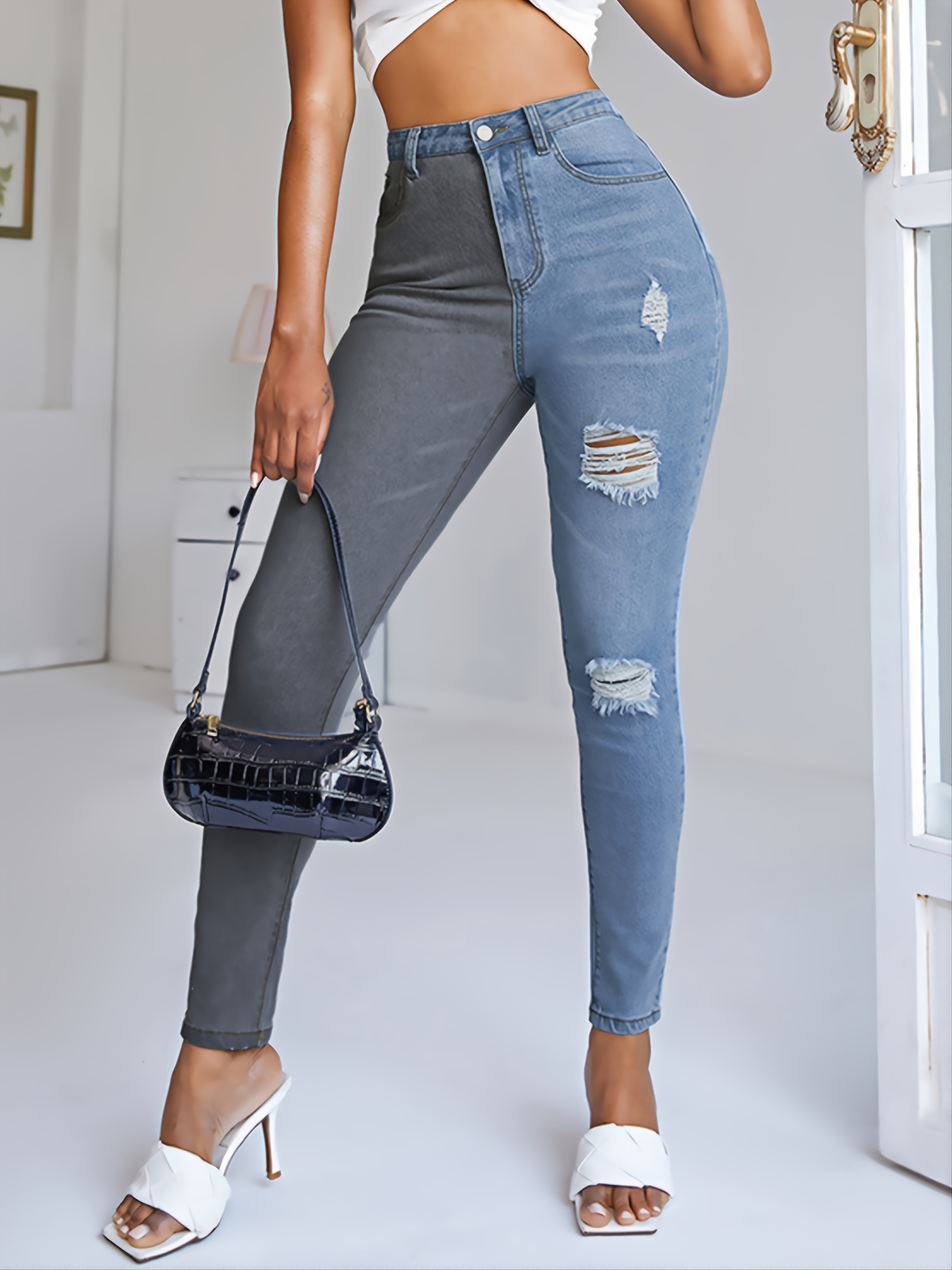 Women Straight Leg Jeans, Casual High Waist Two Tone/Patchwork Relaxed Fit  Denim Pants | Walmart Canada