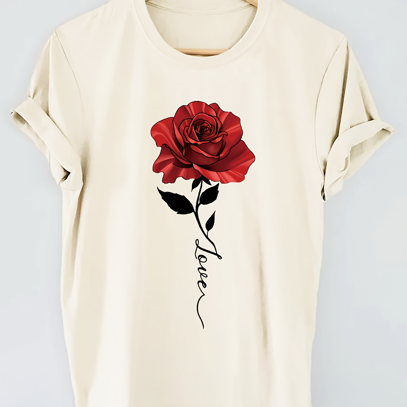 

Rose Print T-shirt, Short Sleeve Crew Neck Casual Top For Summer & Spring, Women's Clothing