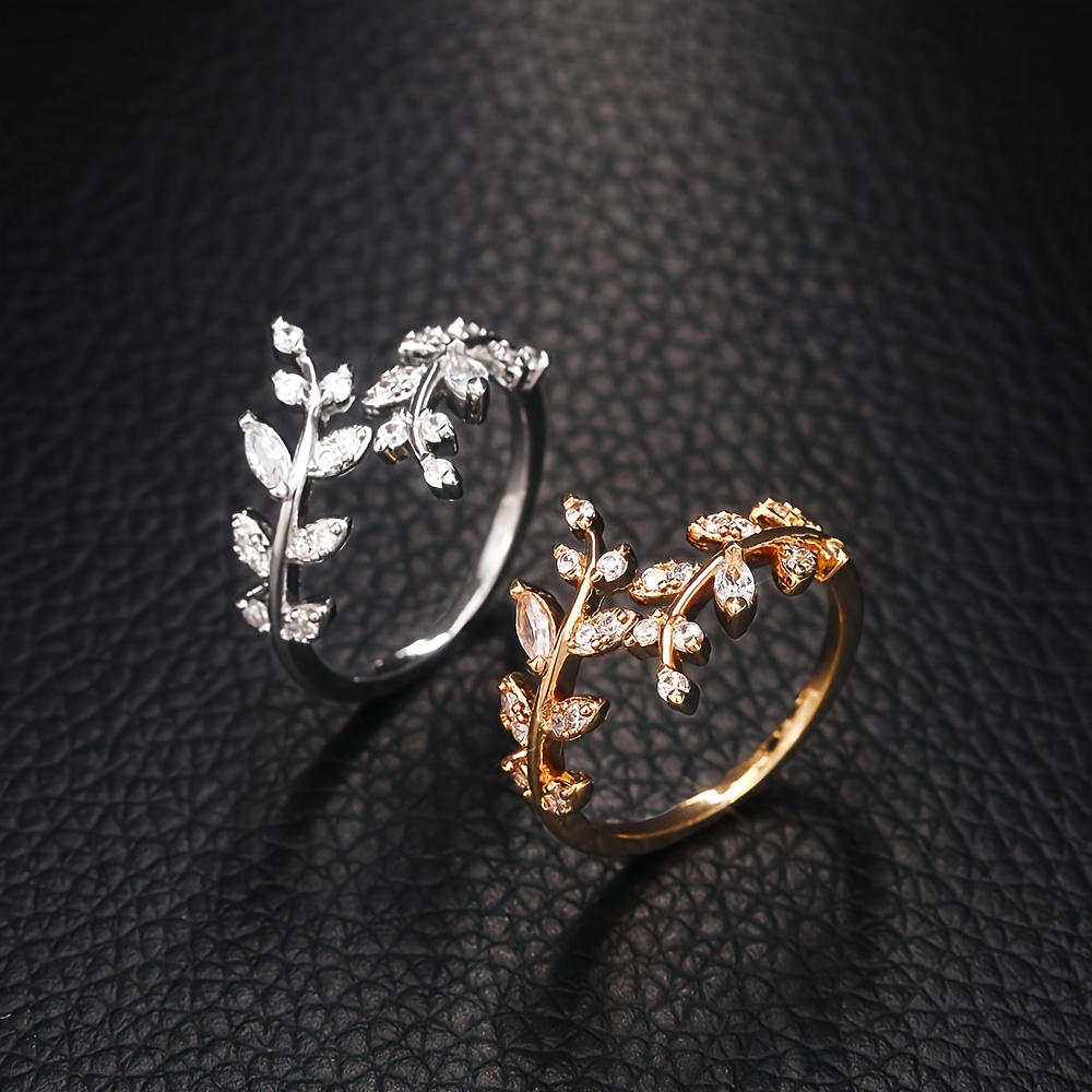 Leaf Shape Adjustable Cuff Ring with Zircon, Delicate
