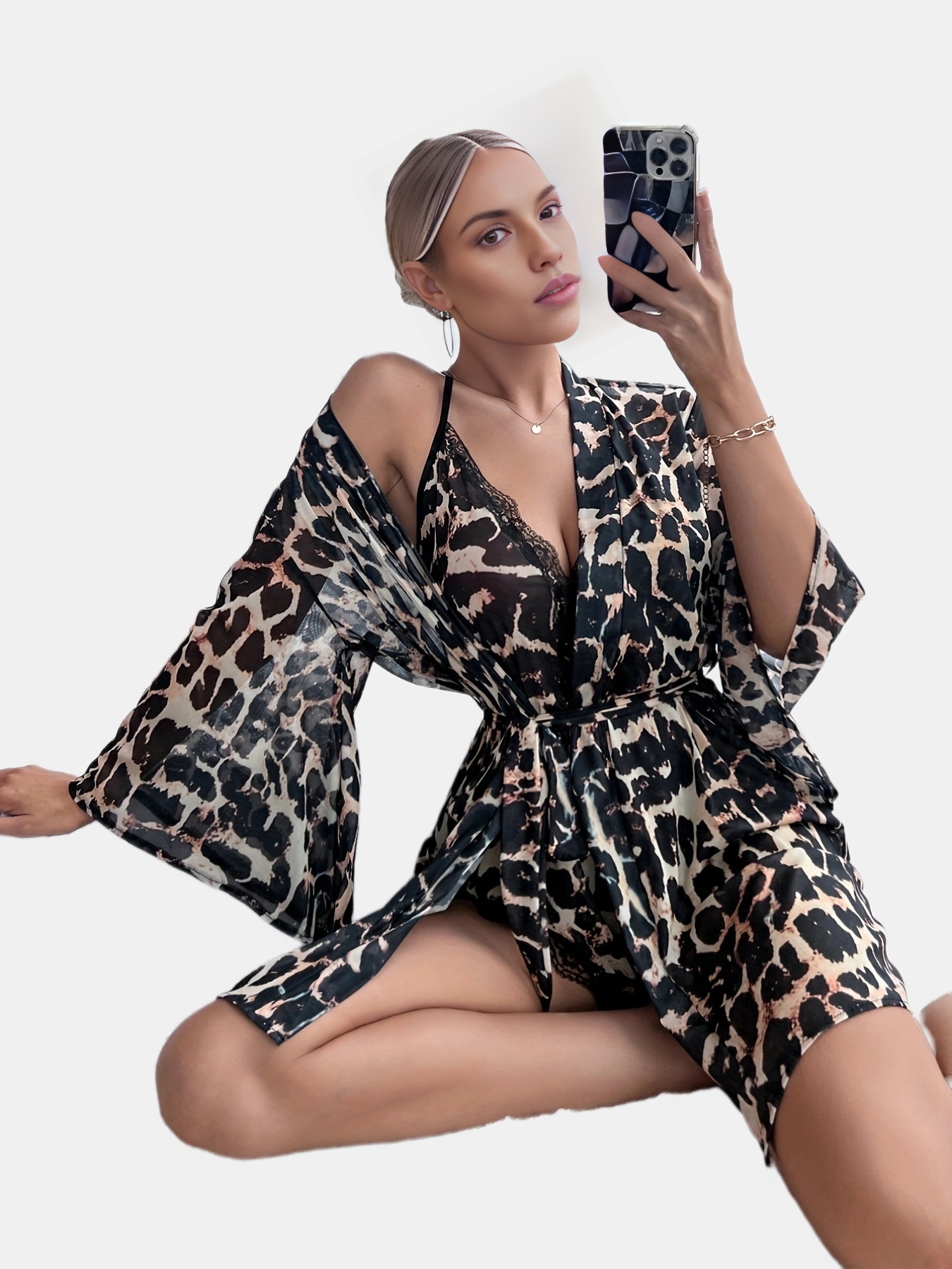 Leopard Print Pajama Set Sexy Mesh Night Robe Lace Trim Deep
