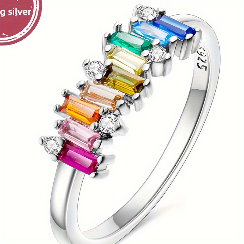 

925 Sterling Silver Brilliant Rainbow Candy Closed Charms Ring Hypoallergenic Elegant Simple Style For Women Jewelry Gift