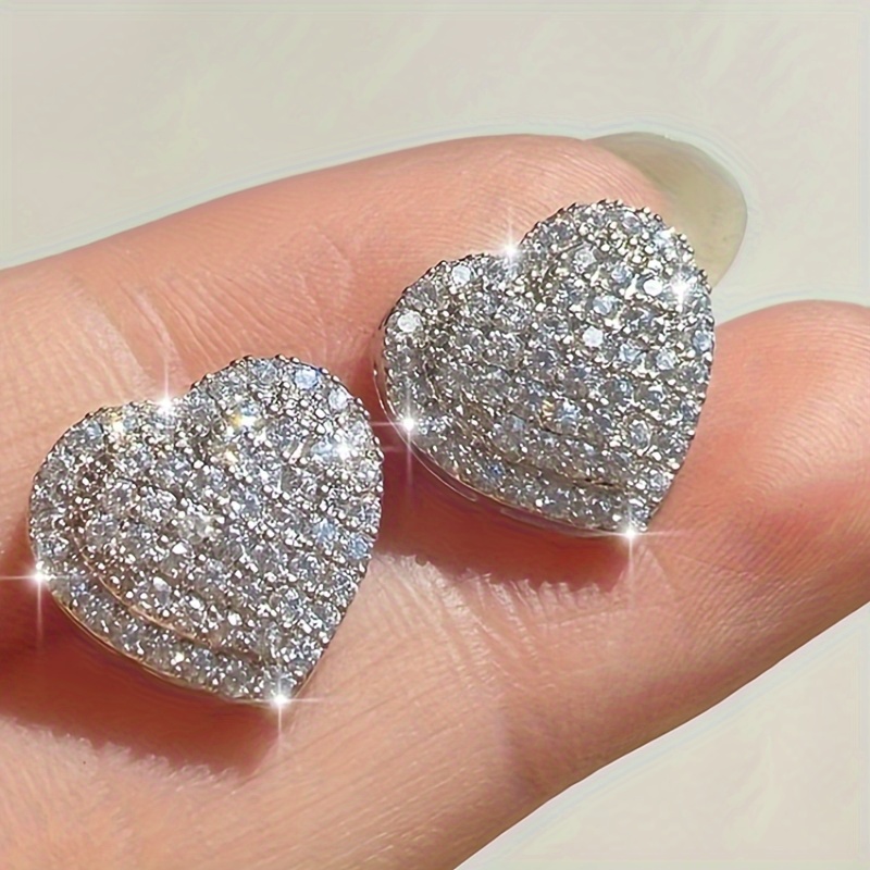 

Chic Heart-shaped Stud Earrings With Sparkling Cubic Zirconia - Stainless Steel Posts, White Golden Plated, Everyday & Party Wear