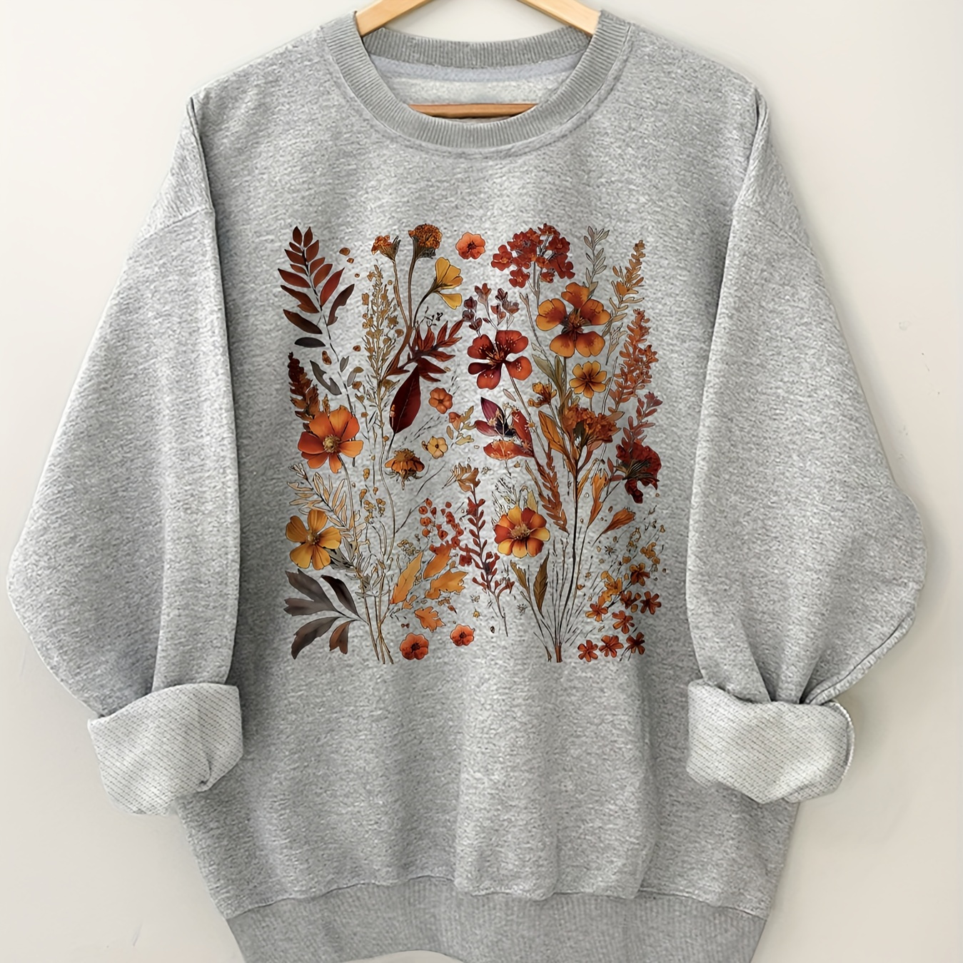 

Vintage Flowers Print Sweatshirt, Crew Neck Casual Sweatshirt For Fall & Spring, Women's Clothing