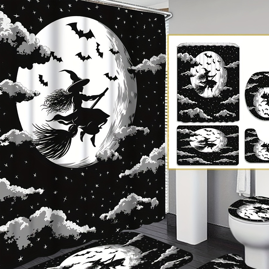 

Halloween Witch Flying Broom Print Shower Curtain Set With Bath Mat, Toilet Lid Cover, Non-slip Rug And 12 Hooks - Water-resistant Polyester Knit Fabric For All-season Bathroom Decor