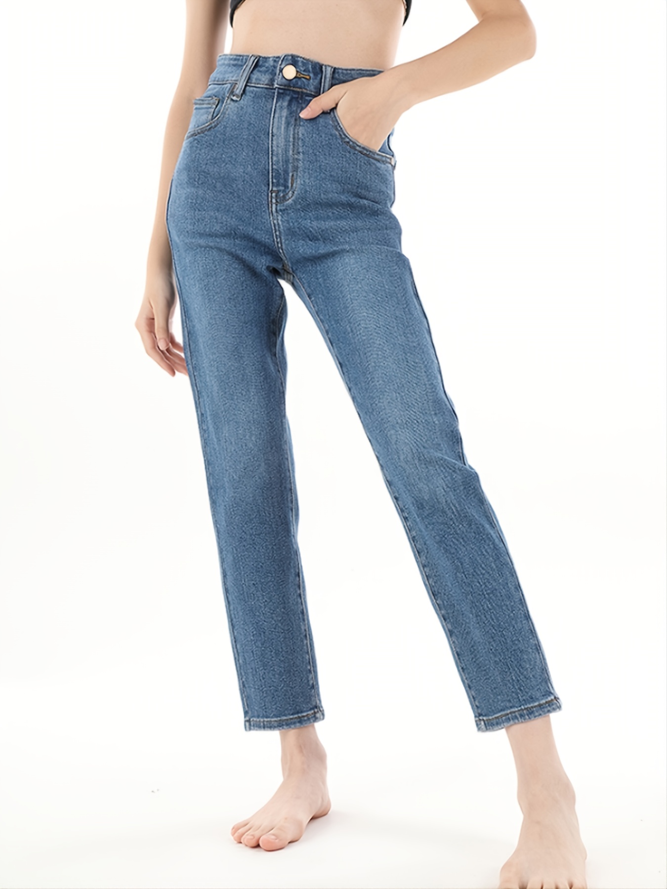 Blue Slim Fit Cropped Jeans Slash Pockets stretch Capris - Temu Germany
