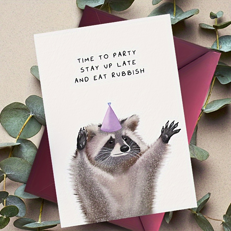 

Festive Raccoon Party Card With Purple Hat - Perfect For Family & Friends, Ideal For Birthdays & Thank Yous