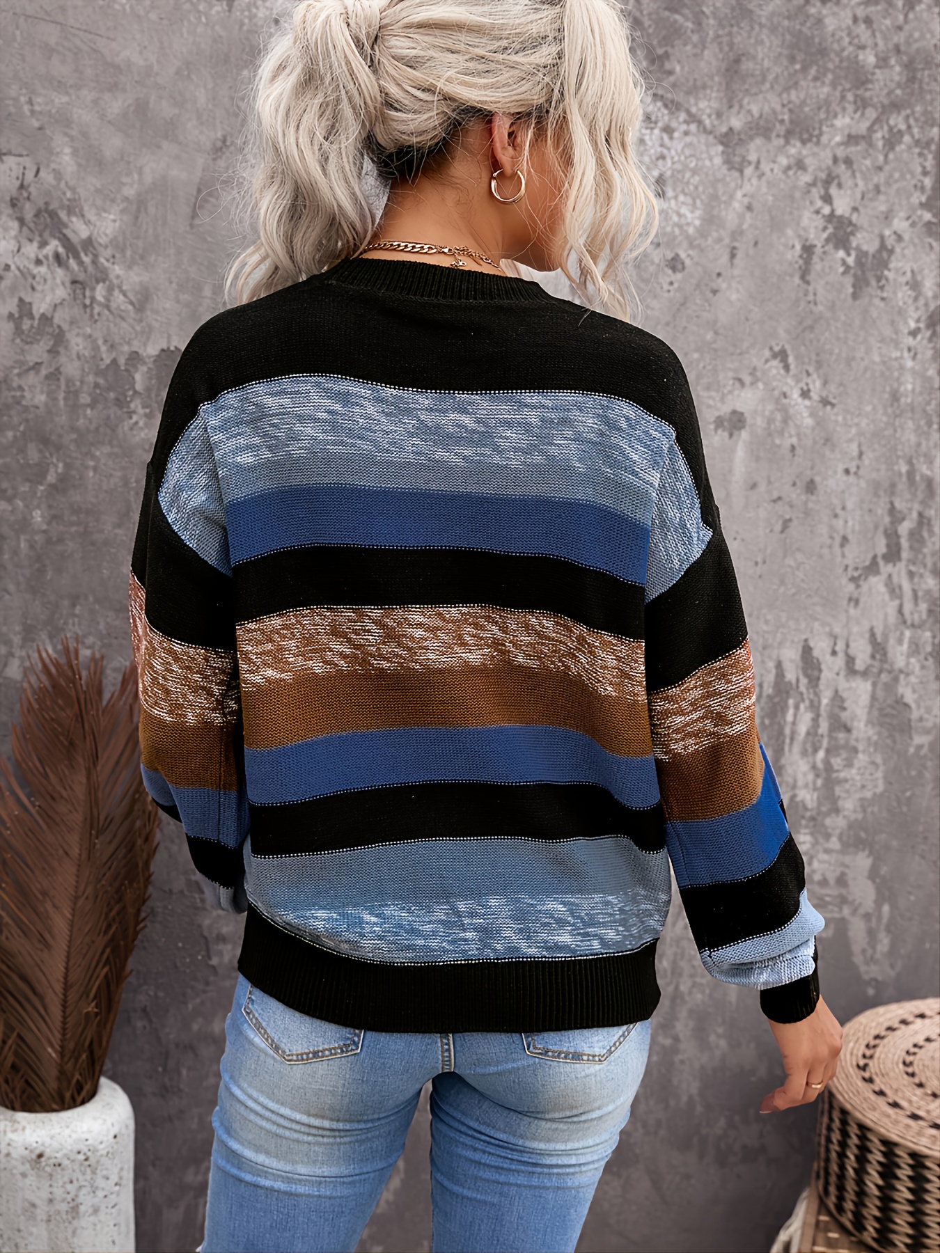 Winter Women`s Striped Knit Sweater Long Sleeves Casual Loose Pullover with  Button - UGSS1351 - IdeaStage Promotional Products