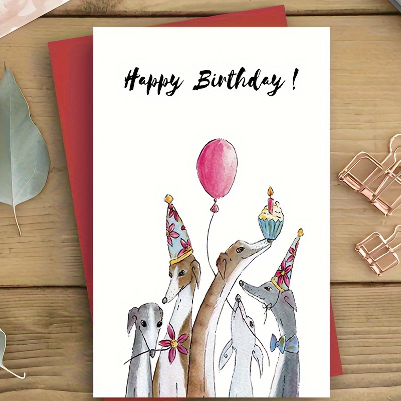 

Greyhound Birthday Card With Party Hats & Cake - Family & Friends, Stationery Gift Packaging, Card, Birthday