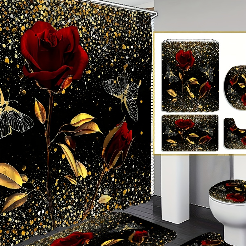 

4pcs Rose Flower Curtain Shower Curtain Decoration, Beautiful Housewarming Gift Decoration, Waterproof Shower Curtain And Toilet Floor Mat Three-piece Set Comes With 12 Shower Curtain Hooks