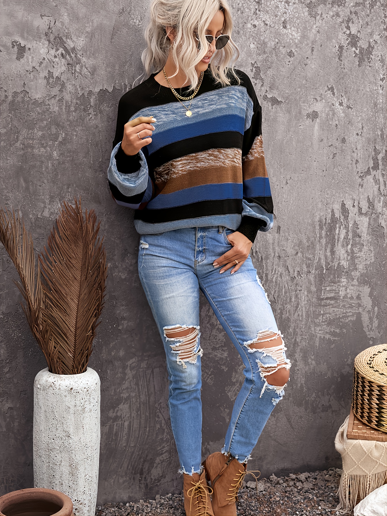 Winter Women`s Striped Knit Sweater Long Sleeves Casual Loose Pullover with  Button - UGSS1351 - IdeaStage Promotional Products