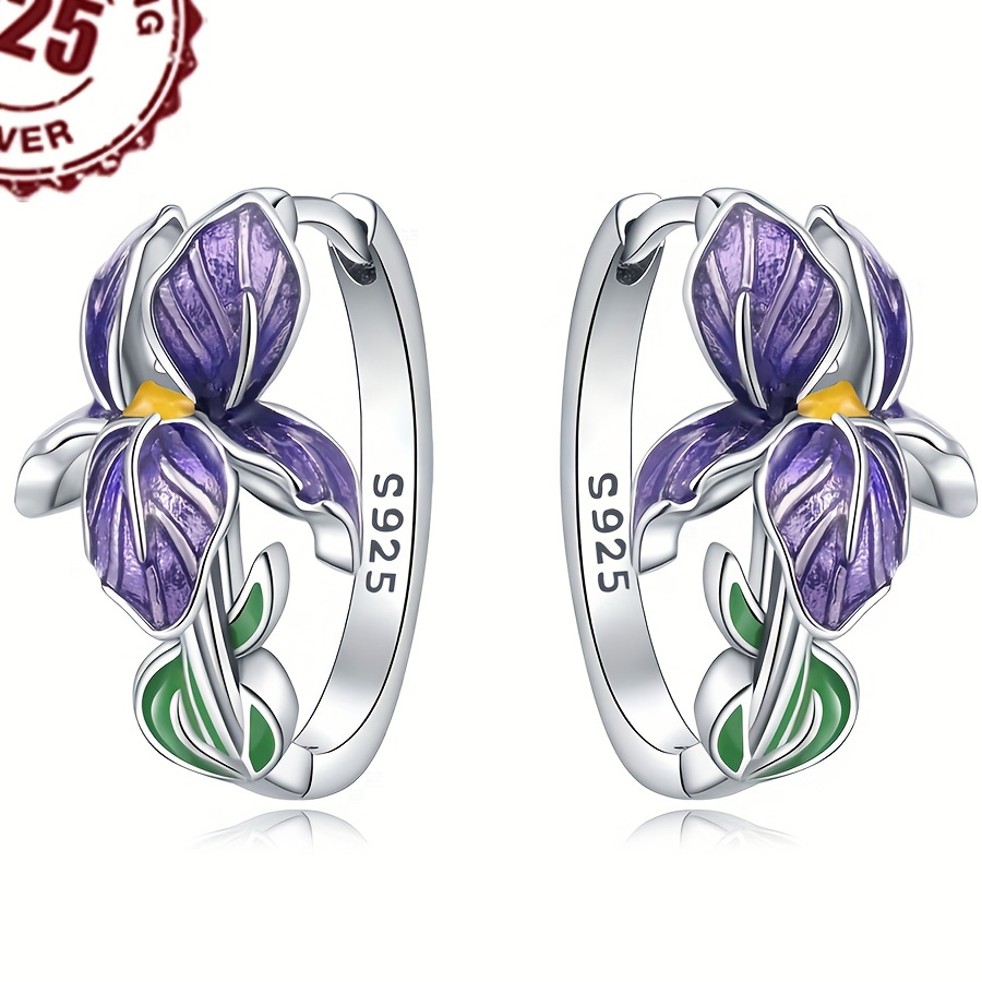 

Elegant S925 Sterling Silver Iris Flower Hoop Earrings, Synthetic Zirconia, Fashionable Women's Jewelry, For Daily & Gift , Accessory