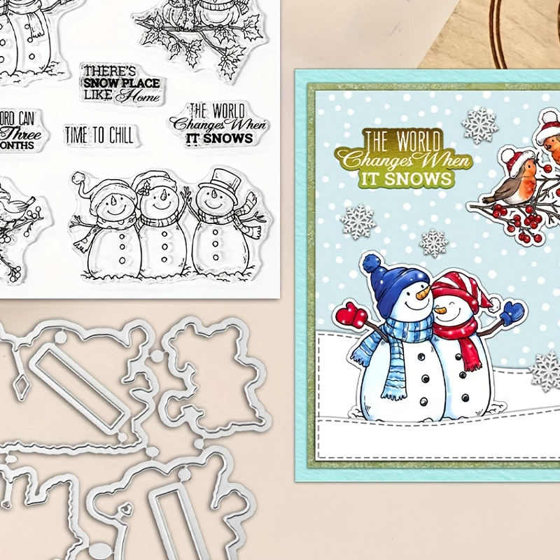 

Merry Christmas Winter Snowman And Birds Cutting Dies Clear Stamp Set Diy Scrapbooking Supplies Knife Mold Metal Dies Silicone Stamp For Cards Albums Crafts Decor