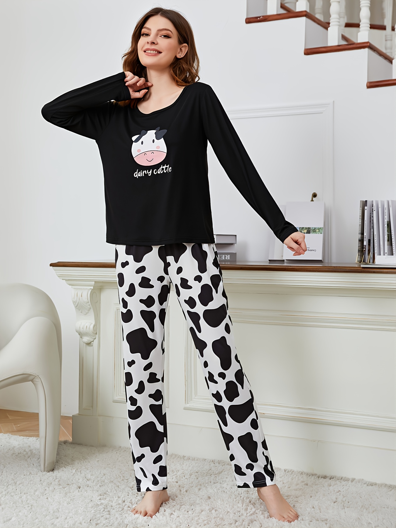 Cow Pattern Soft Pajama Set Long Sleeve Tops Pants Women's - Temu Canada
