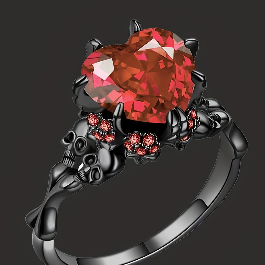 

Gothic Black Double Skull Ring With Red Heart-shaped Crystal - Vintage Style Zinc Alloy Party & Wedding Jewelry For Women