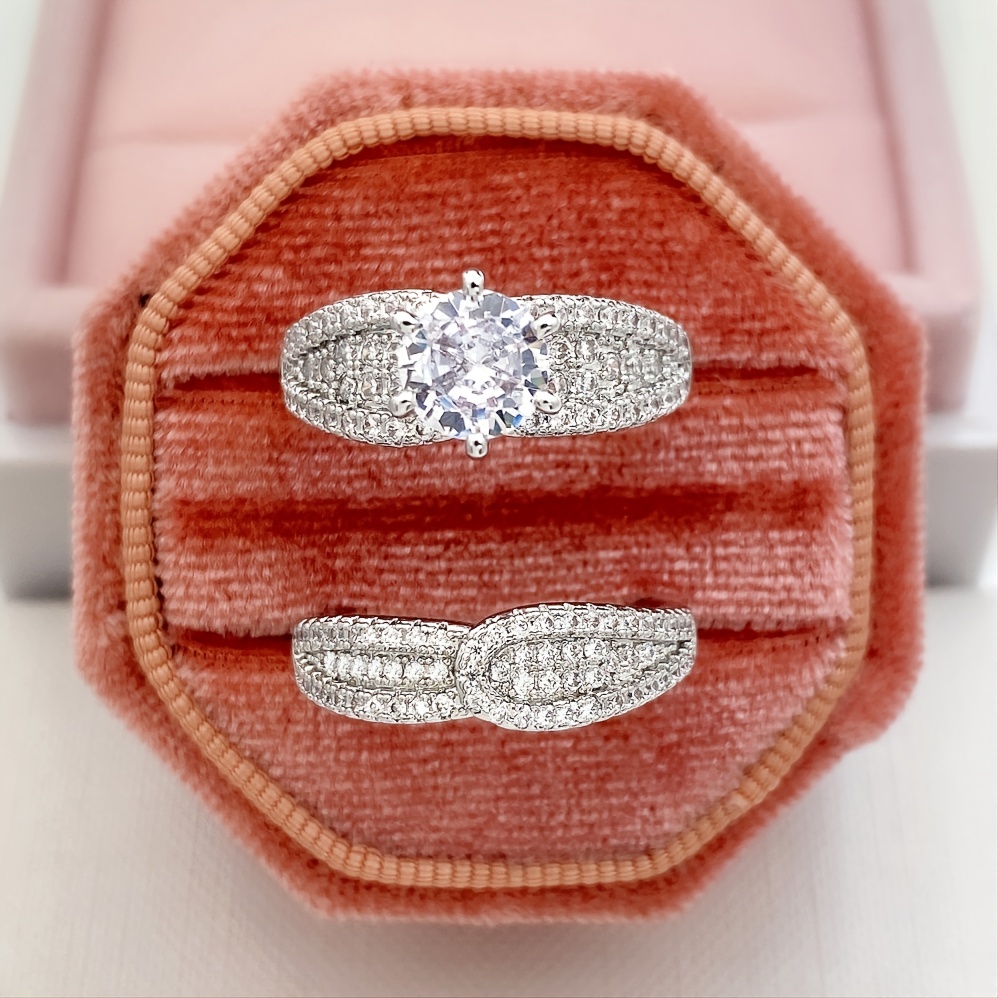 2 Pcs Set 925 Silver Plated Bridal Zircon Ring, Engagement Gift