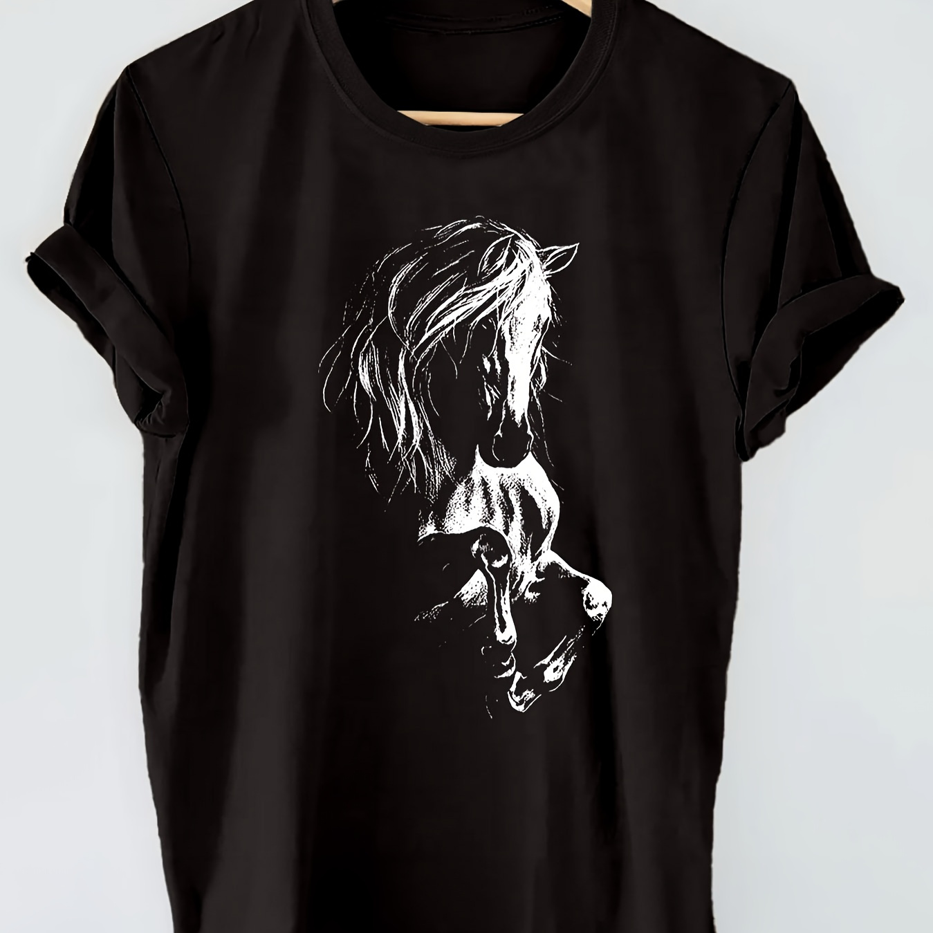 

Horse Print Crew Neck T-shirt, Short Sleeve Casual Top For Summer & Spring, Women's Clothing