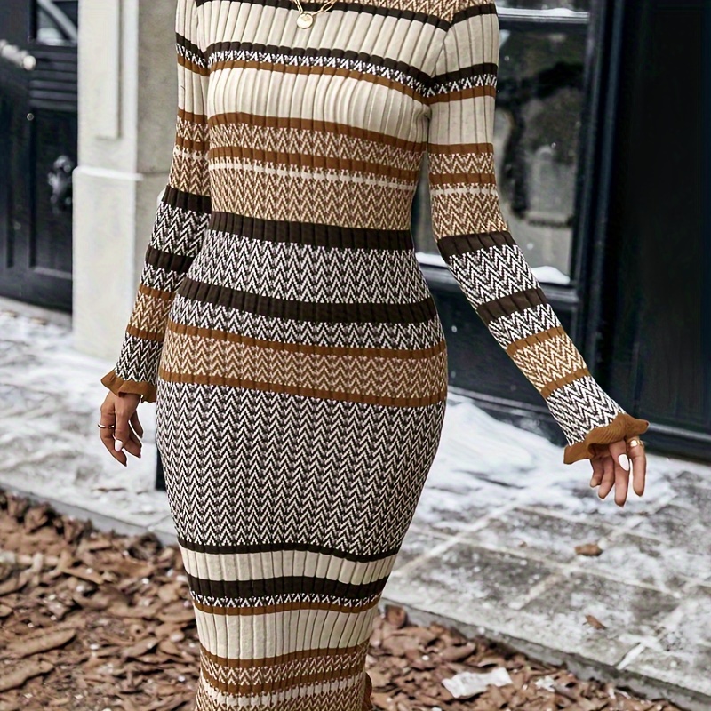 

Striped Turtleneck Sweater Dress, Casual Long Sleeve Bodycon Midi Dress, Women's Clothing