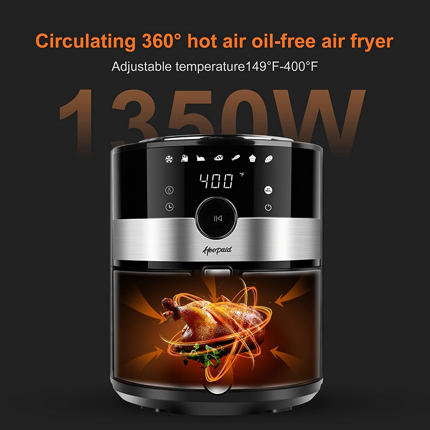 air fryer 3 6 quart family electric oilless hot air fryer oven with non stick basket and rack touch screen and knob 8 preset modes led display suitable for home party office 1350w details 2