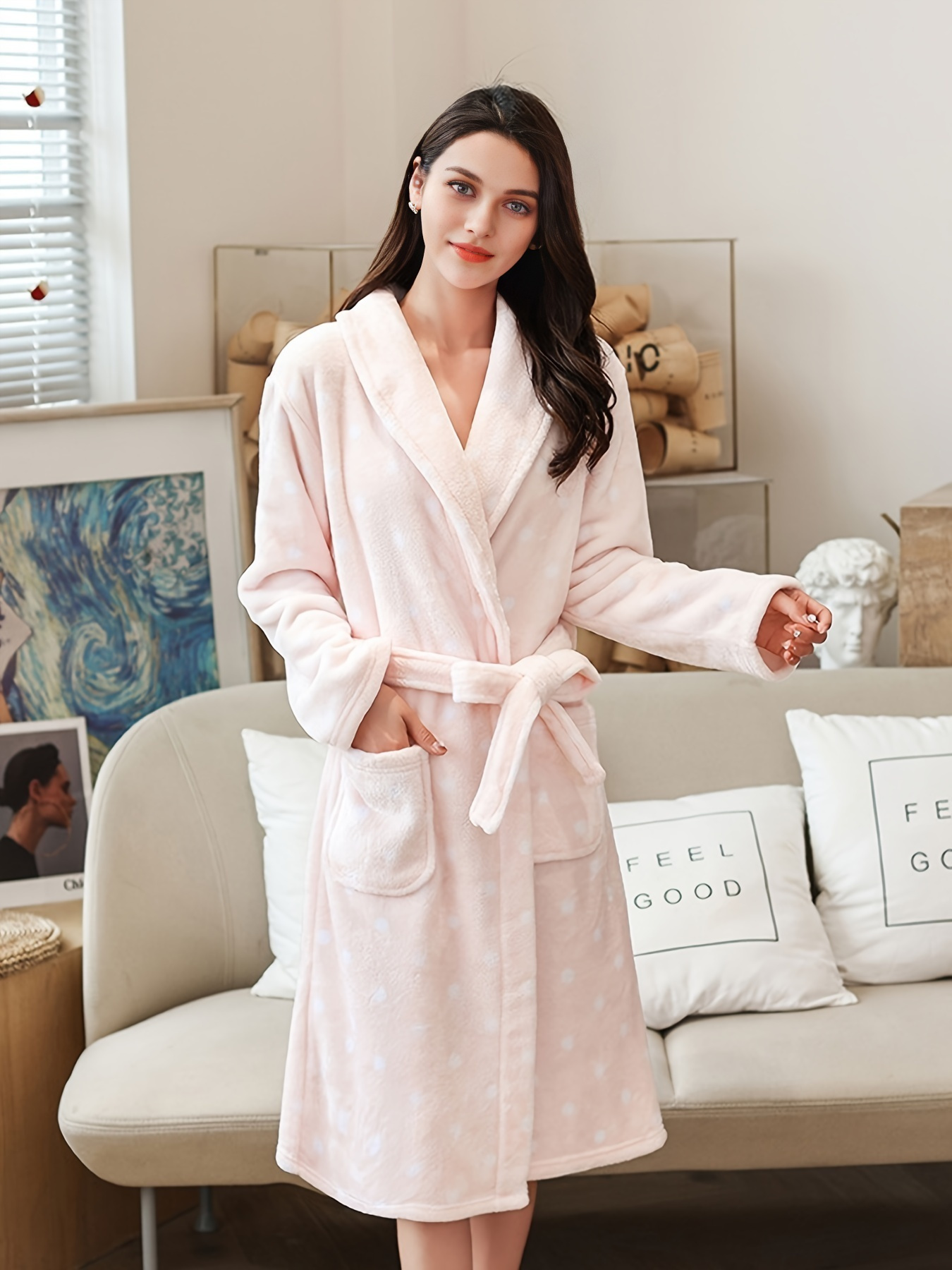 Casual Dot Print Fleece Night Robe Long Sleeve Lapel Collar - Temu