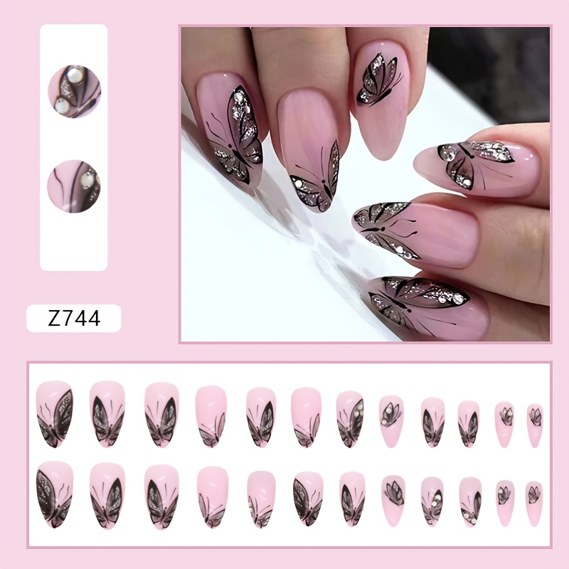  24PCS Short Press on Nails Square Fake Nails Black Nails Full  Cover Glue on Nails Glossy Acrylic False Nails with Crown Heart Glitter  Sequin Designs Nail Manicure for Women : Beauty