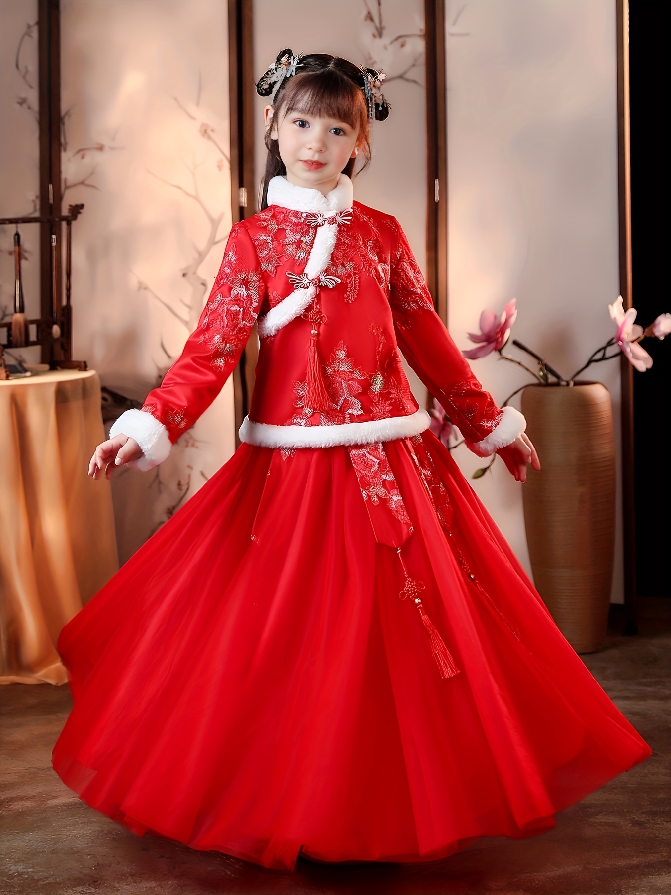 Warm Fleece Chinese Princess Dress Set Fall Winter Gift - Temu Canada