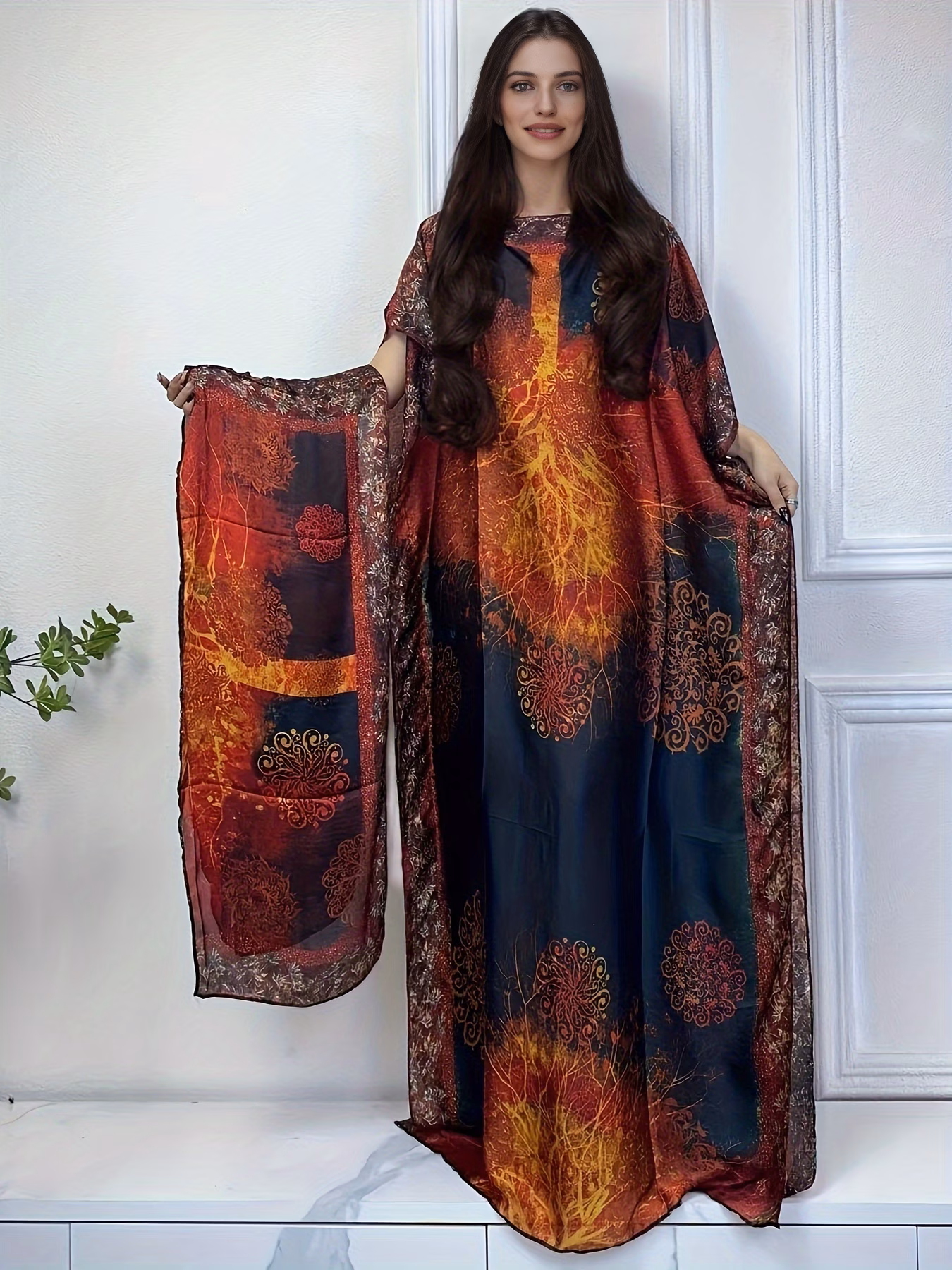 عباية مطبوعة بياقة قارب وأكمام قصيرة واسعة مع وشاح - موضة الربيع والصيف