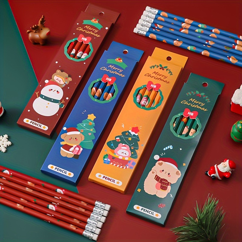 6pcs Cartoon Eraser Tipped Pencils, Christmas Children Creative