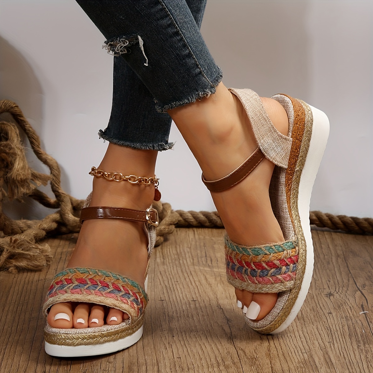 Women's Vintage Beach Style Wedge Sandals With Chunky Braided Jute