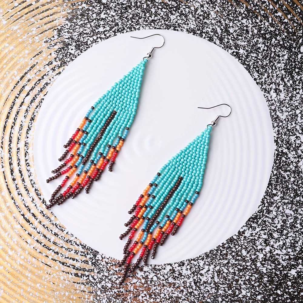 Handmade Long Beaded Tassel Earrings Large Native Bohemian Retro Colorful Beaded Fringe Drop Earrings Big Tribal Boho Seed Bead Chandelier Dangle