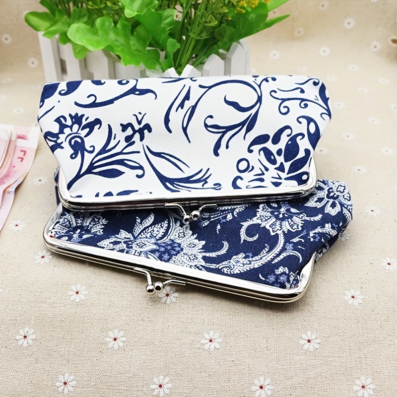  FuninCrea 2 Pcs Coin Purse for Women, Faux Leather Coin Purses  with Kiss Lock, Floral Pattern Change and Coin Wallet Double Clasp Closure  Mini Purse for Cash, Coin, Key (Blue+Dark Pink) 