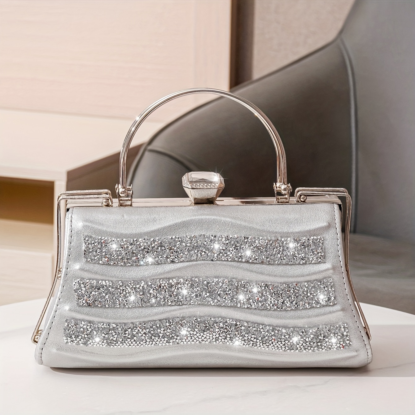 Handle Beaded Evening Clutch Bag Silver Shiny Dinner Party Wedding Purses  Handbag Luxury Designer Underarm Shoulder Bag Hot