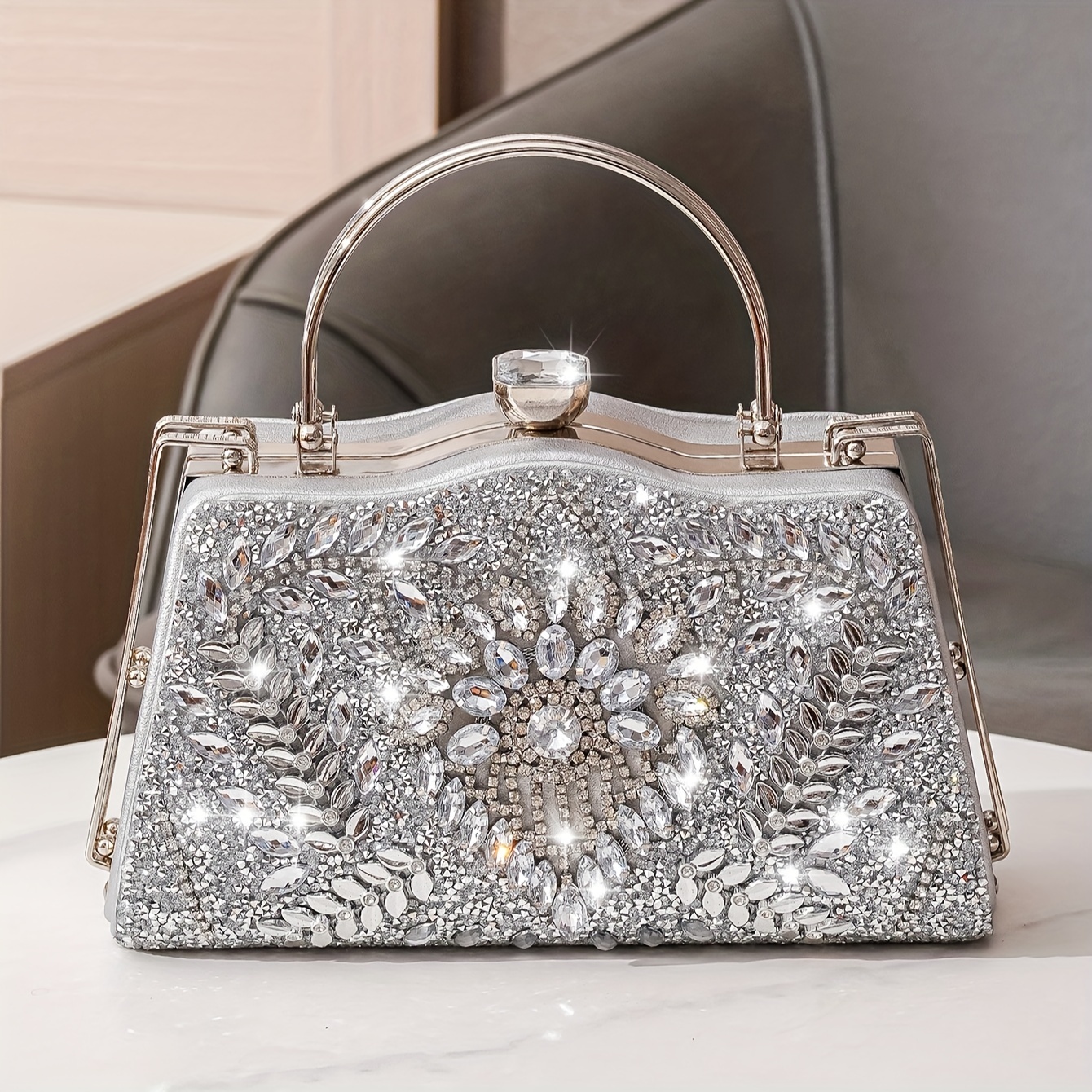 Handle Beaded Evening Clutch Bag Silver Shiny Dinner Party Wedding Purses  Handbag Luxury Designer Underarm Shoulder Bag Hot