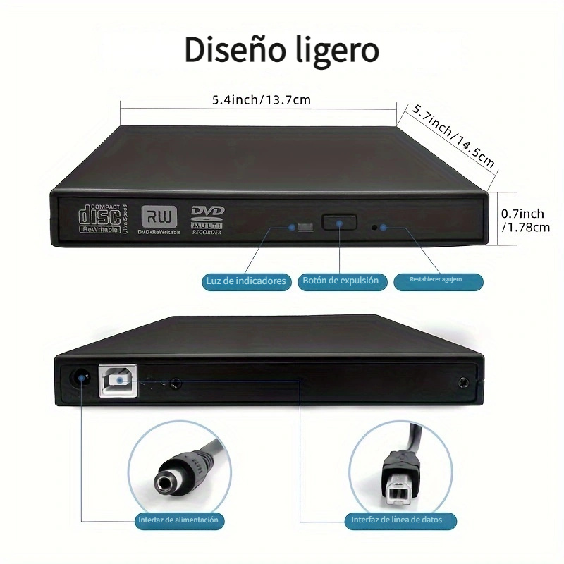 Unidad externa de CD/DVD para portátil USB 3.0 Reproductor de CD/DVD  portátil +/-RW grabadora de CD ROM lector reescritor duplicador de discos