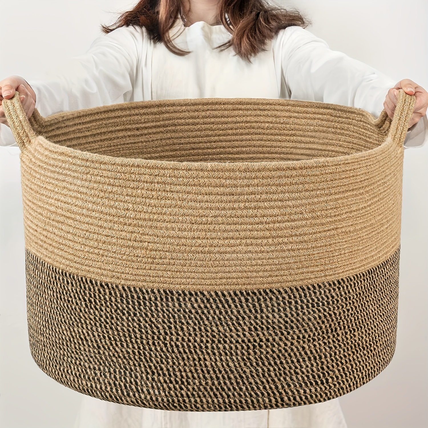 Cesta negra con tapa, cestas grandes de mimbre de 20 x 15 pulgadas para  organizar, cestas de cuerda de algodón tejida para almacenamiento