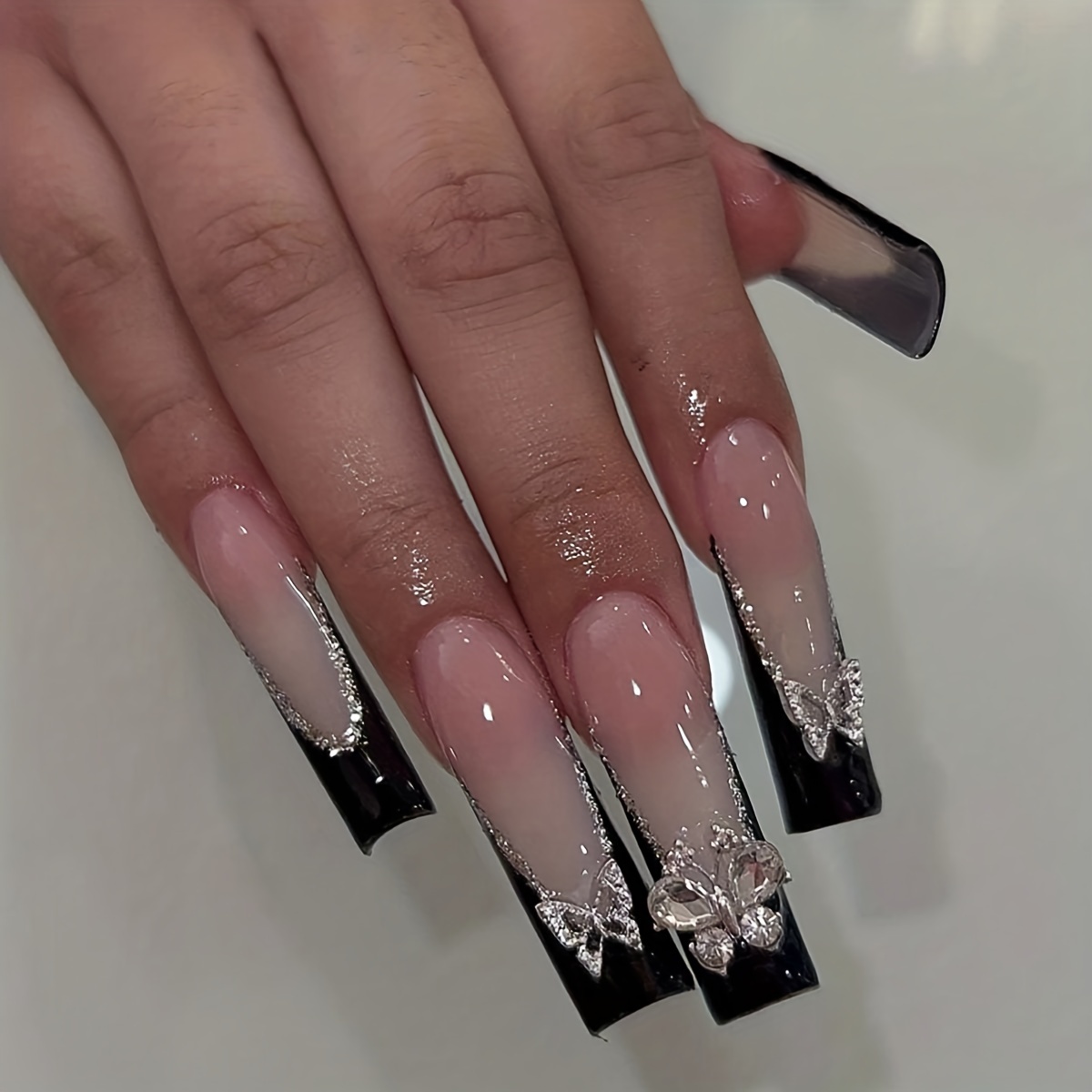 Long Luxury Rhinestone Fake Nails Black French Tips Press On False Nails  Natural Full Cover Coffin Artificial Fake Nails For Women Girls, Halloween  Nails - Temu