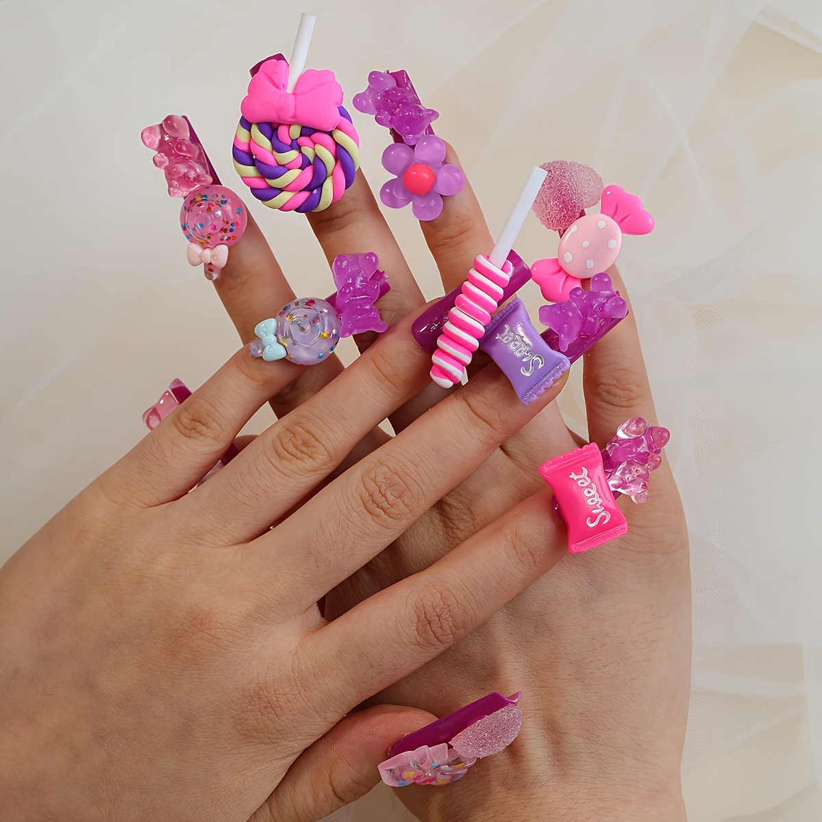 Press on Nails with Charms Long Square Fake Nails Purple Acrylic Nails Cute  Candy Bear Charm Designs Full Cover Glue on Nails Reusable Stick on Nails
