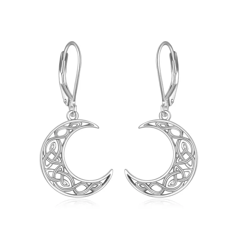 womens celtic style moon earrings 925 sterling silvery crescent pendant jewelry with intricate star patterns casual attire or gifting moon jewelry Product details 1
