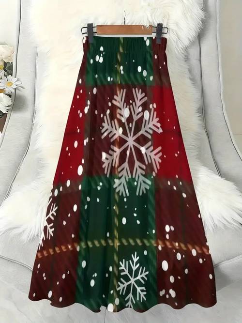 Plus Exquisite Size Christmas Snowflake HighWaist ALine Skirt Chic Festive Holiday Sophisticated Style Womens Midi Skirt for Home Casual Wear