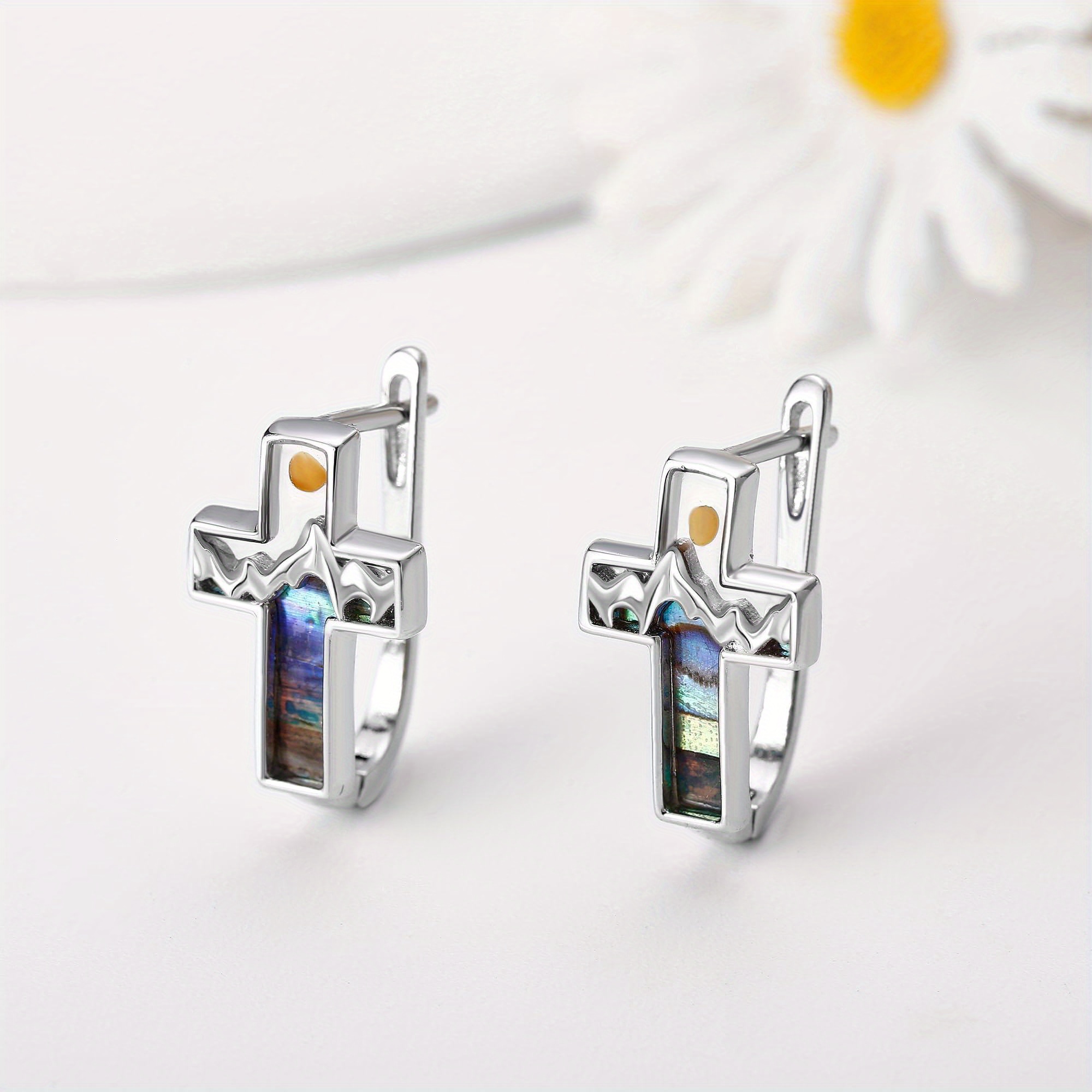 925 sterling silvery cross earrings with   agate shell   synthetic stone 925 silver post ideal for daily wear gift   everyday earrings minimalist earrings synthetic stone earrings Product details 5