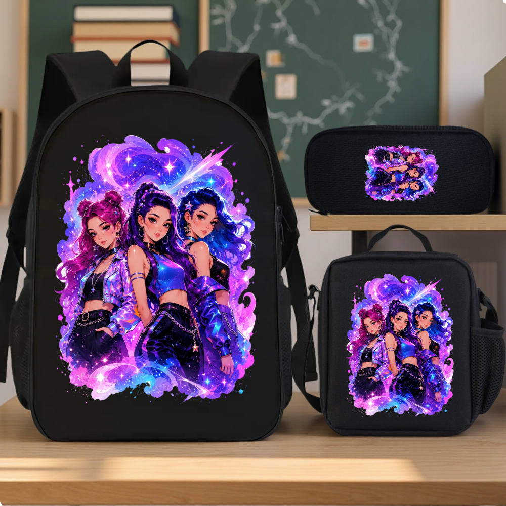 TEMU Conjunto de mochila de para niñas con estampado 2D, estilo moderno, con pelo estrellado, 3 piezas, diseño moderno de de estrellas multicolor,
