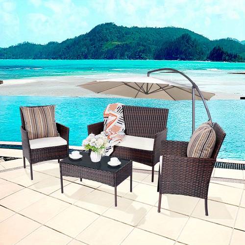 4pcs wicker patio conversation set outdoor rattan sofas with table set patio furniture set with soft cushions tempered glass coffee table for poolside balcony