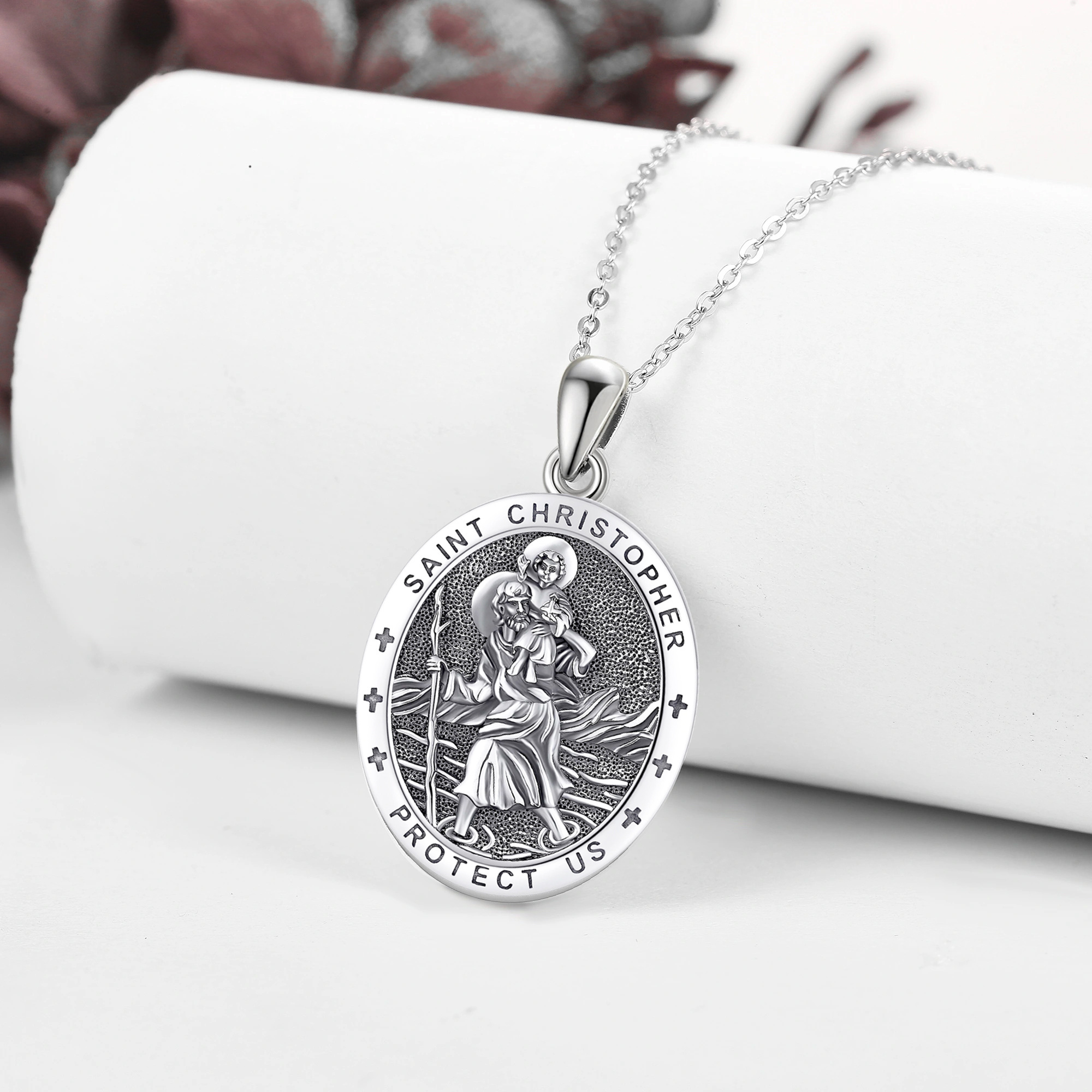 925 Sterling Silver St Christopher Medal Pendant Necklace, Protection Amulet